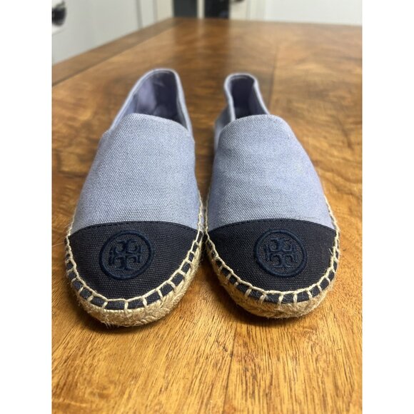 Tory Burch Women’s 7.5 Color Block Canvas Espadrille Casual Flat Shoe Navy Blue - Picture 2 of 10